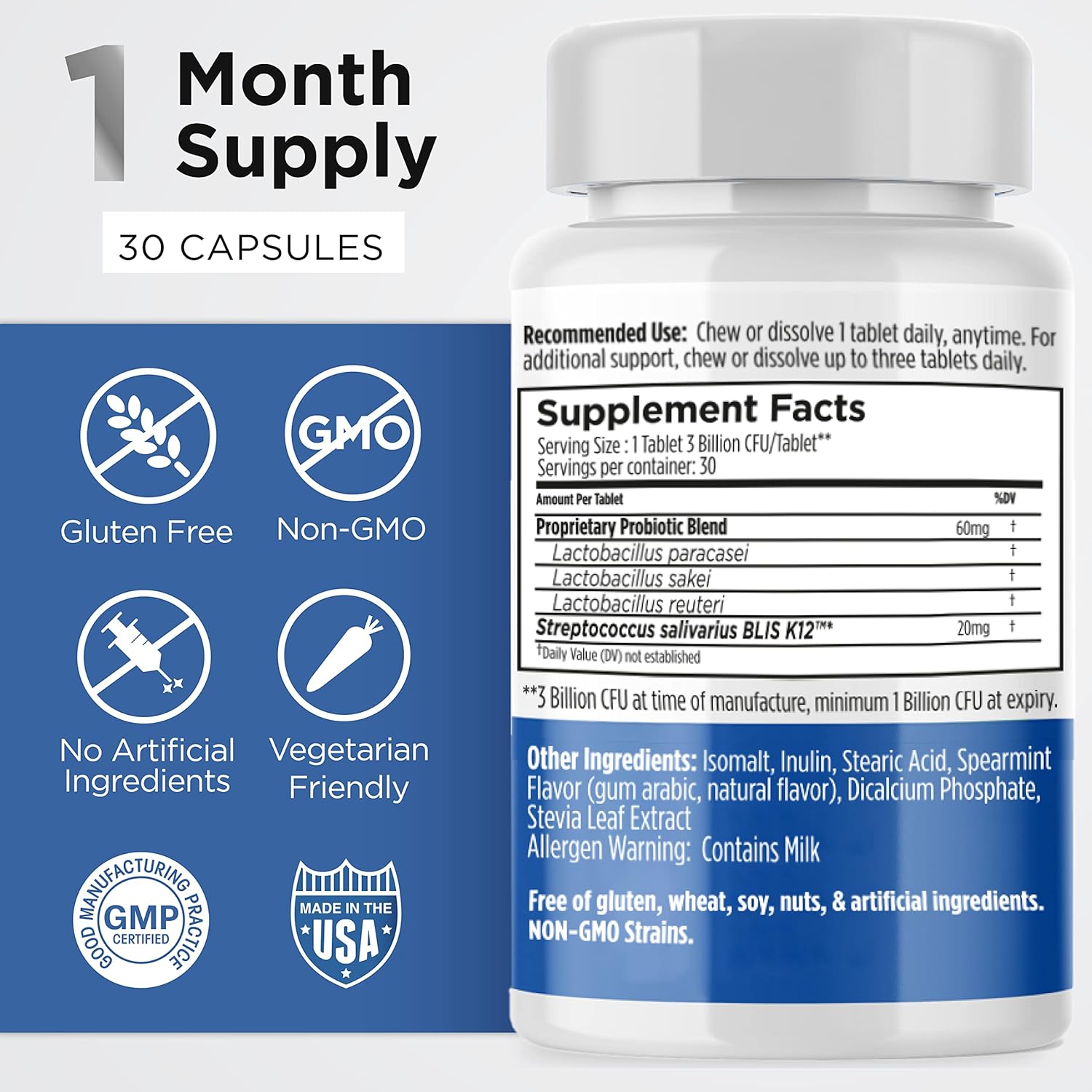 Earth's Pearl Dental Probiotic with BLIS K12 - Oral Probiotics for Oral Health with Mint Flavor - 30-Day Supply of Dental Probiotics for Bad Breath and Dental Health - Children and Adult Oral Care