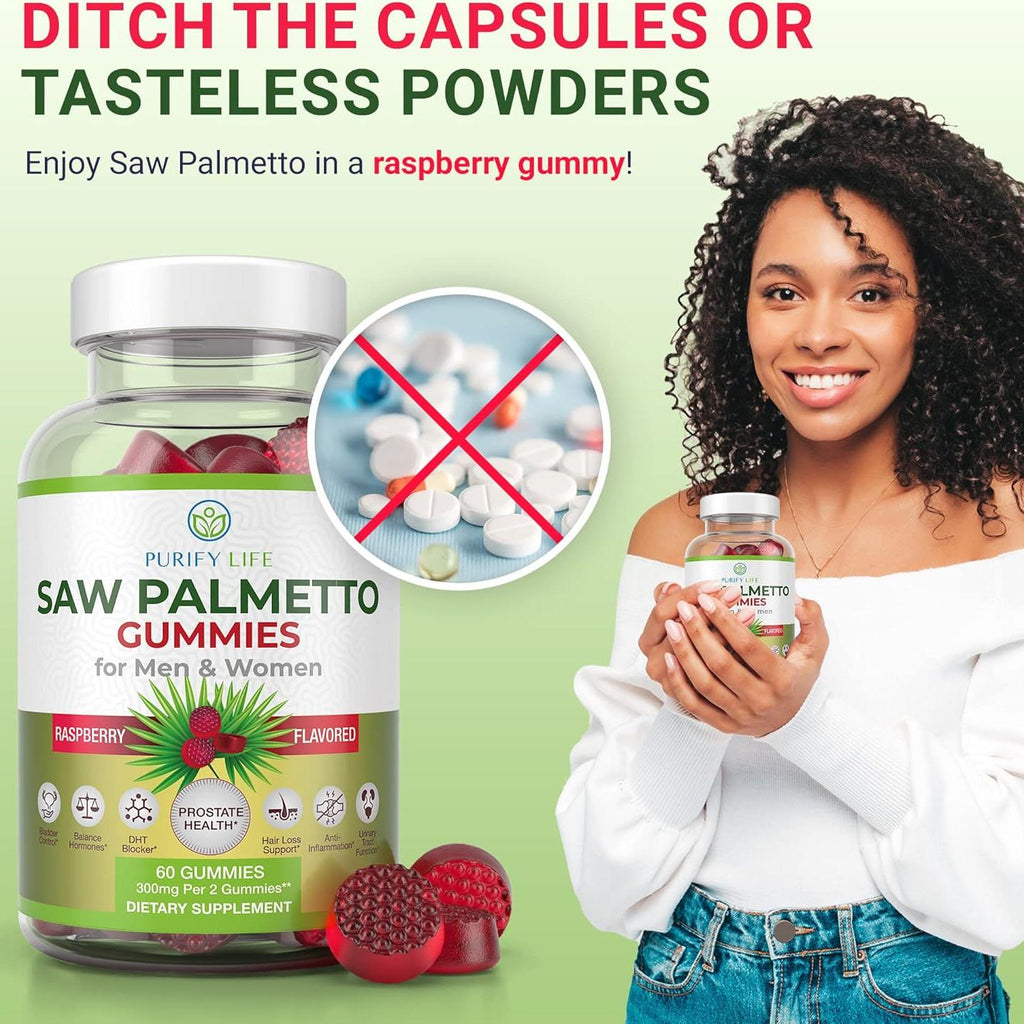 Vegan Saw Palmetto for Women & Men - Potent Saw Palmetto Extract, Prostate Supplements for Men, DHT Blocker for Womens Hair Growth, Hormonal Balance Gummies, PCOS Hair Loss, DHT Blocker, Gluten-Free