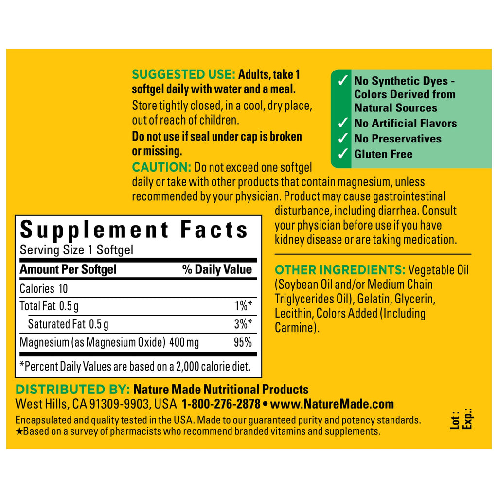 Nature Made High Potency Magnesium 400 mg - 150 Liquid Softgels,(Pack of 2)