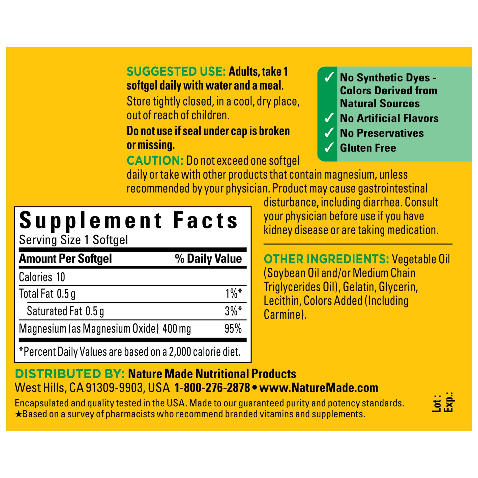 Nature Made High Potency Magnesium 400 mg - 150 Liquid Softgels,(Pack of 2)