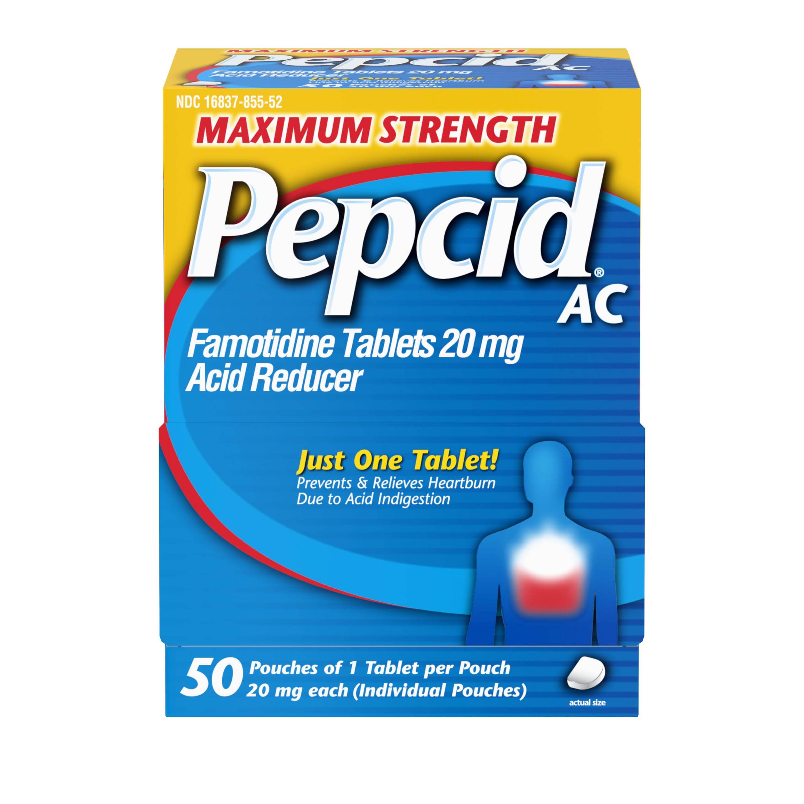 Pepcid AC Maximum Strength Heartburn Relief Tablets, OTC Medicine Prevents & Relieves Heartburn & Acid Reflux Due to Acid Indigestion, 20mg Famotidine Acid Reducer, Fast-Acting, 50 ct