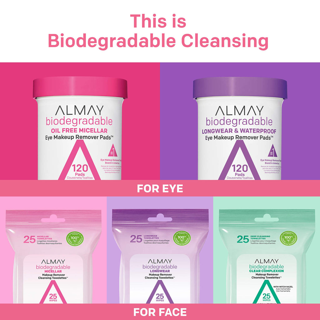 Almay Biodegradable Makeup Remover Pads, Micellar Gentle, Hypoallergenic, Fragrance-Free, Dermatologist & Ophthalmologist Tested, 120 Count