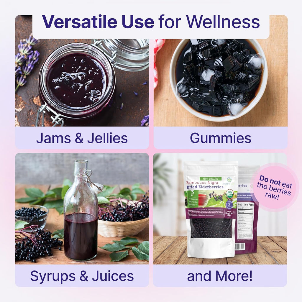 Certified USDA - 100% Organic Dried Elderberries - 1lb Bulk - Non-Irradiated, Non-Gmo, Whole Black Elderberry Immune Support For Making Elder Syrup, Gummies, Tea - Raw Vegan Sambucus 1 Pound