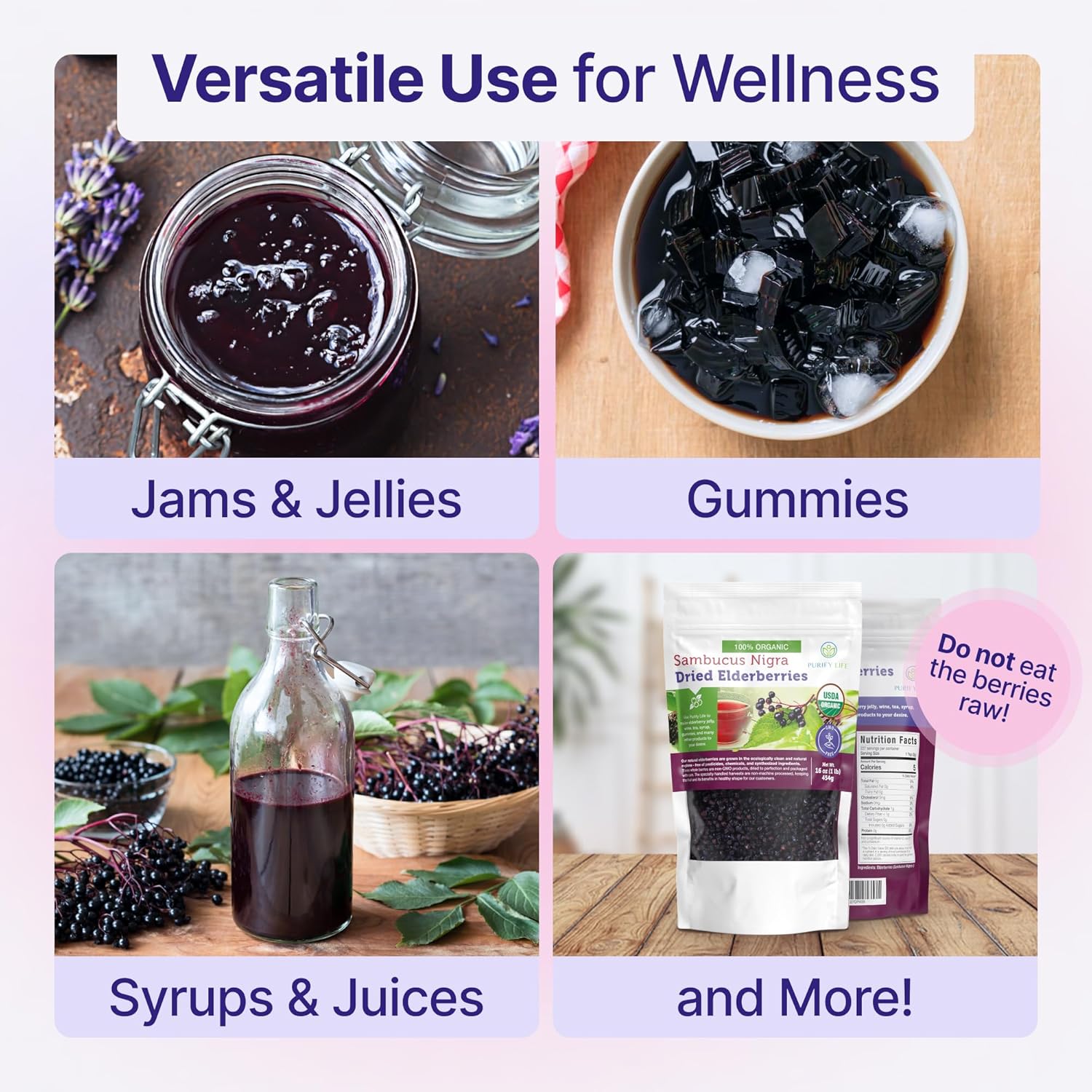 Certified USDA - 100% Organic Dried Elderberries - 1lb Bulk - Non-Irradiated, Non-Gmo, Whole Black Elderberry Immune Support For Making Elder Syrup, Gummies, Tea - Raw Vegan Sambucus 1 Pound