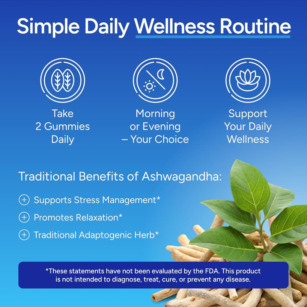 Sugar-Free Ashwagandha Gummies for Stress, Sleep & Mood Support - High-Potency 30:1 Ashwagandha Supplement Extract - Vegan Adaptogen Supplement for Women & Men, Natural Flavor, Plant-Based, 90 Gummies