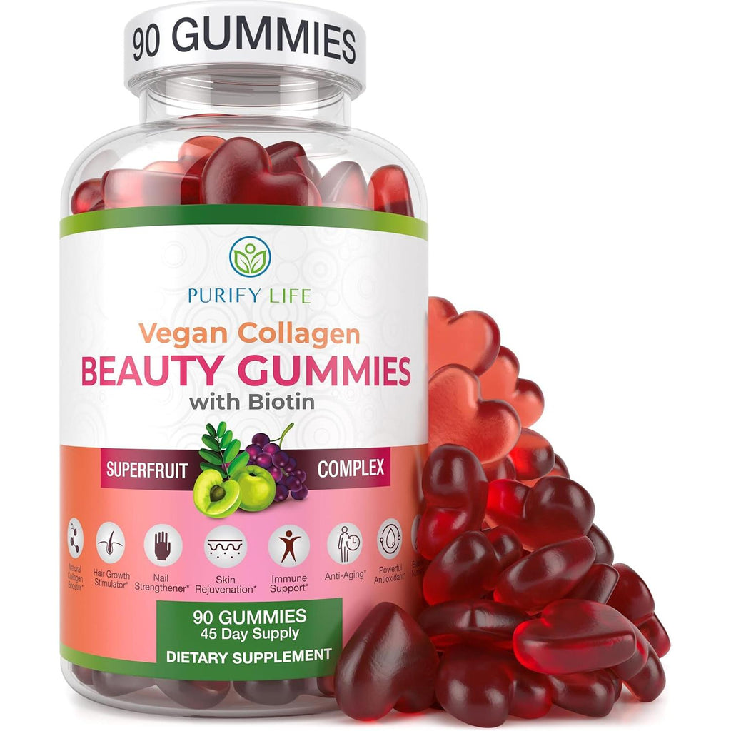 Vegan Collagen Gummies with Biotin Vitamins for Hair Skin and Nails Health, (90 Chews) Collagen Support Superfruit Complex with Resveratrol, Vitamin A, E, C - Replace Capsules, Pills