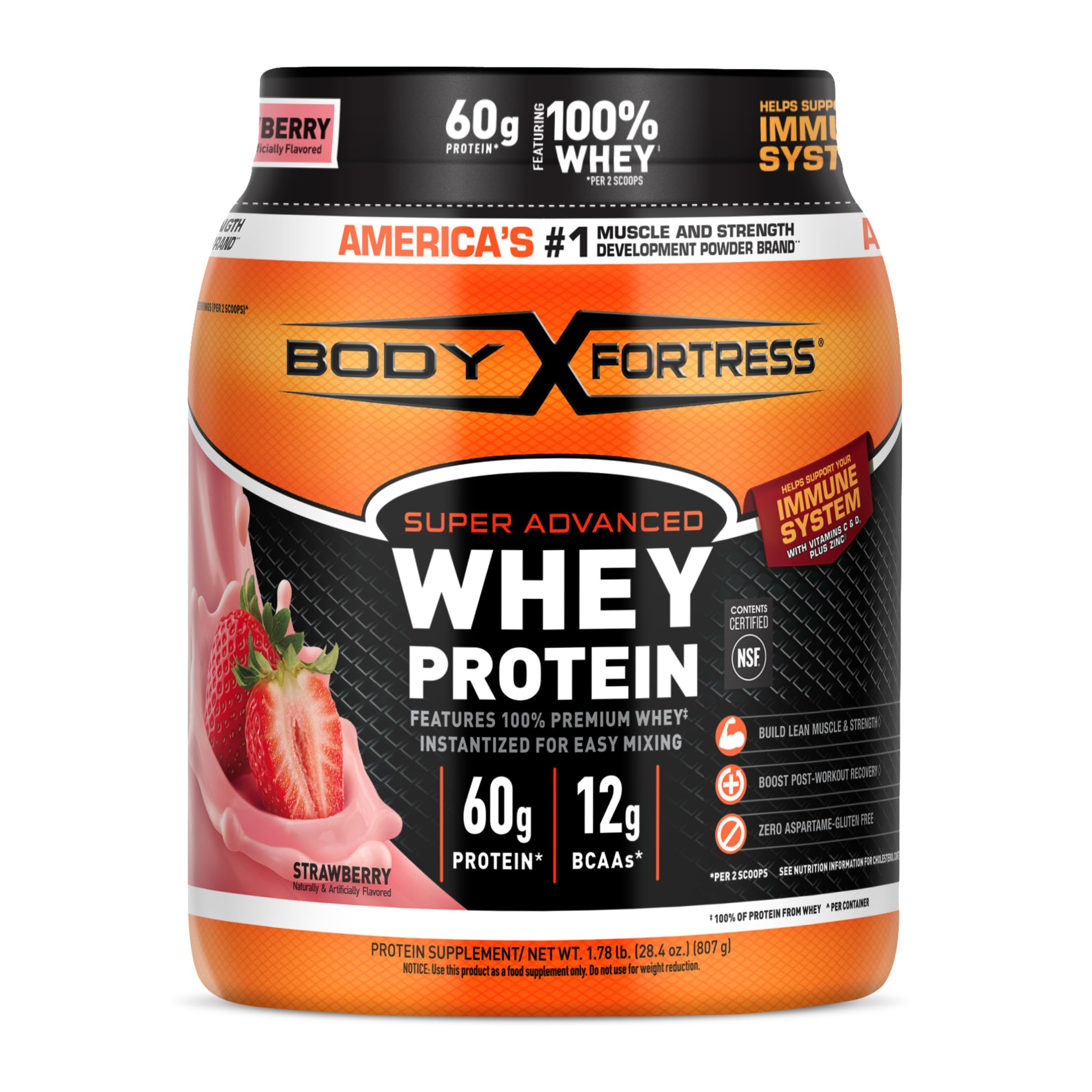 Body Fortress Super Advanced Whey Protein Powder, Chocolate, Immune Support (1), Vitamins C & D Plus Zinc, 3.9 lbs.