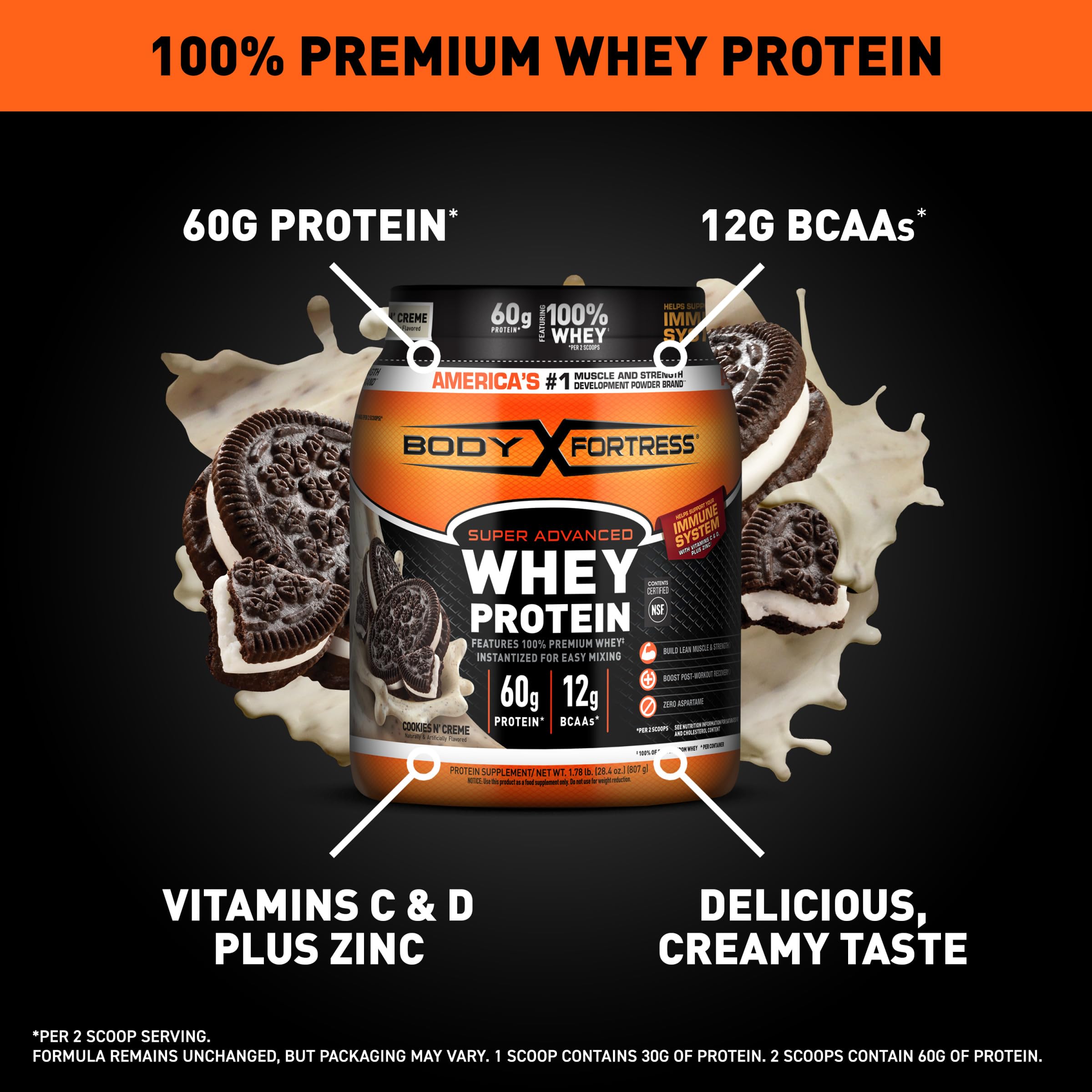 Body Fortress Super Advanced Whey Protein Powder, Chocolate, Immune Support (1), Vitamins C & D Plus Zinc, 3.9 lbs.