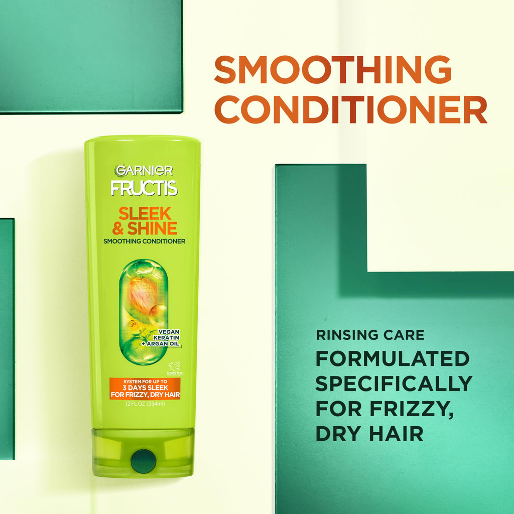 Garnier Fructis Sleek & Shine Leave-In Conditioning Cream for Frizzy, Dry Hair, Plant Keratin + Argan Oil, 10.2 Fl Oz, 2 Count (Packaging May Vary)