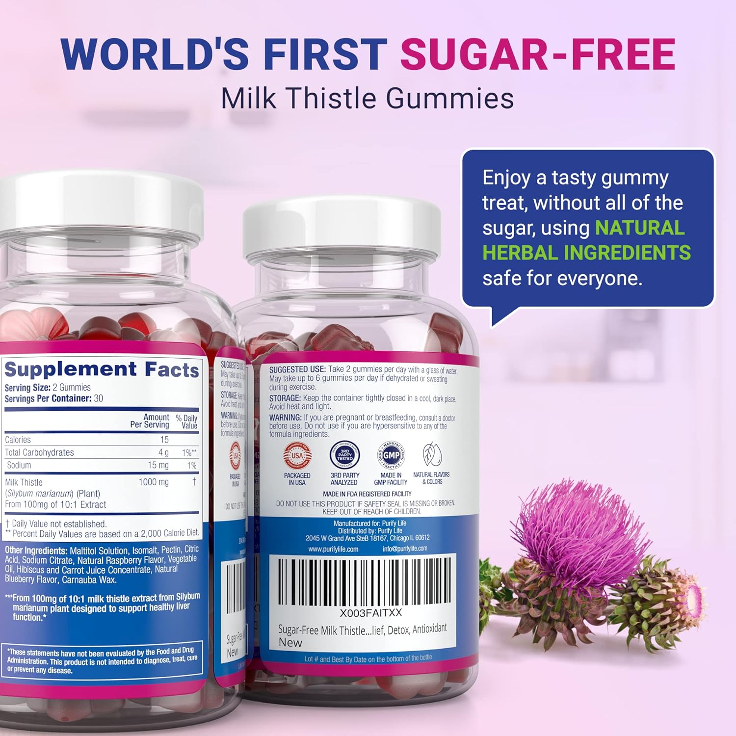 Sugar-Free Milk Thistle Gummies for Liver Cleanse Detox & Repair (Natural Blueberry-Raz Flavor) Cardo Mariano, Cleansing Milk Thistle Extract & Antioxidant Support, Vegan, Replaces Pills & Capsules