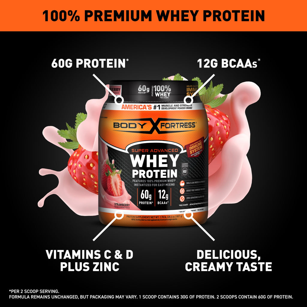 Body Fortress Super Advanced Whey Protein Powder, Chocolate, Immune Support (1), Vitamins C & D Plus Zinc, 3.9 lbs.