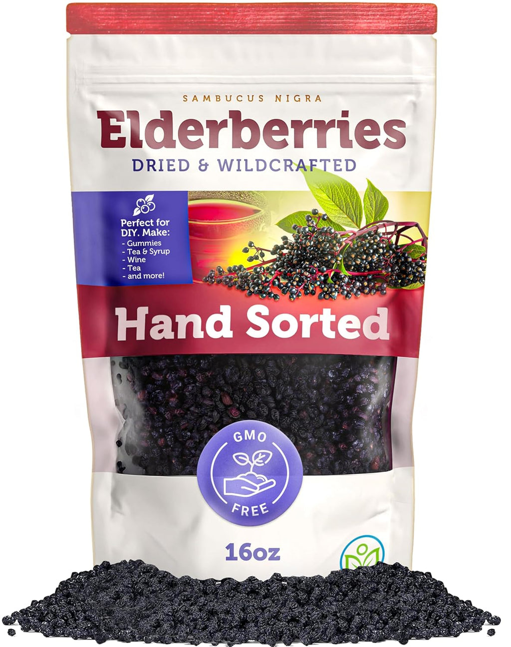 Dried Elderberries - 1lb Bulk - Hand-Sorted, Wildcrafted, Natural, Non-GMO, Whole European Immune System Support for Black Elderberry Syrup, Gummies, Jelly, Tea, Wine, Raw Sambucus, One Pound