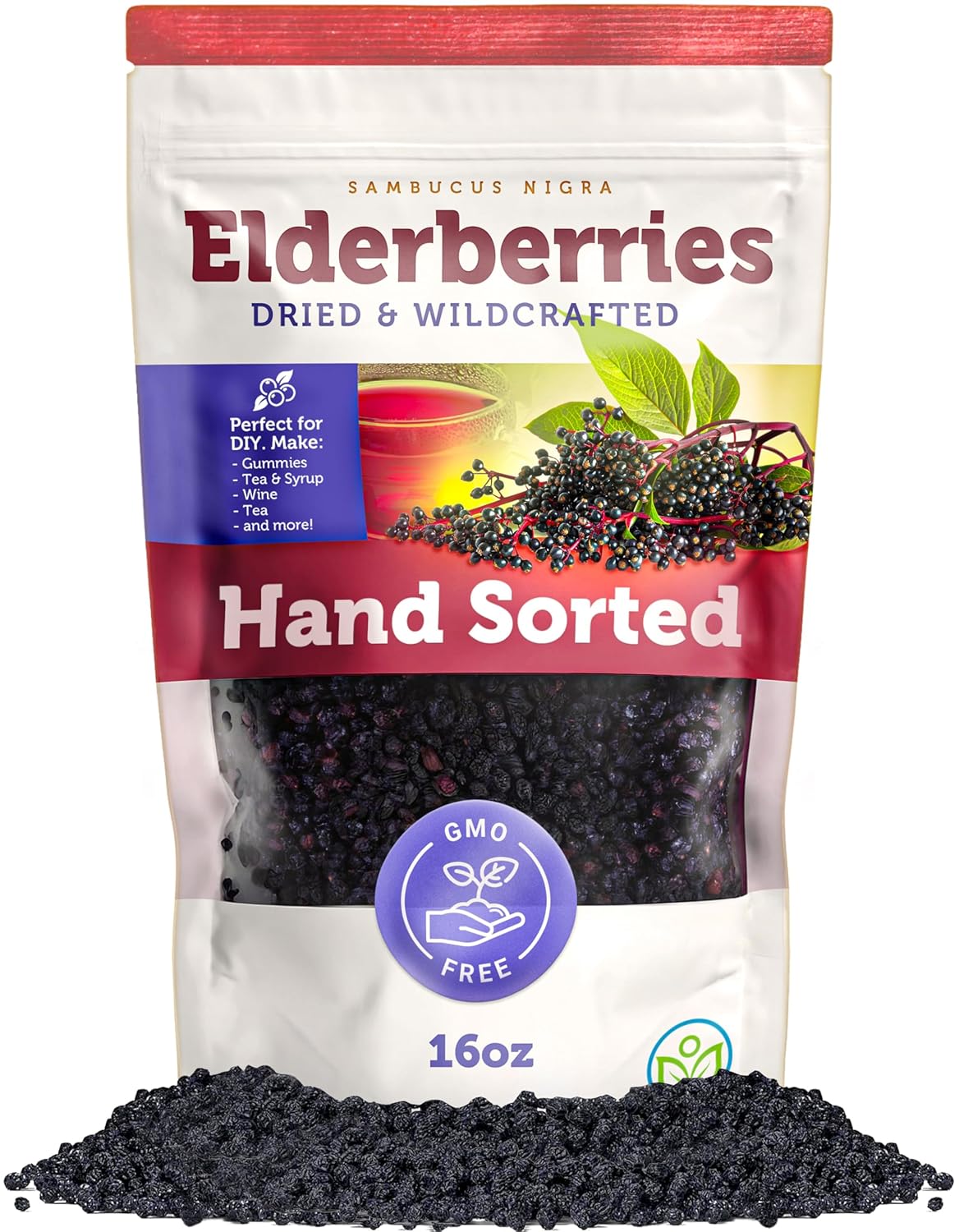 Dried Elderberries - 1lb Bulk - Hand-Sorted, Wildcrafted, Natural, Non-GMO, Whole European Immune System Support for Black Elderberry Syrup, Gummies, Jelly, Tea, Wine, Raw Sambucus, One Pound