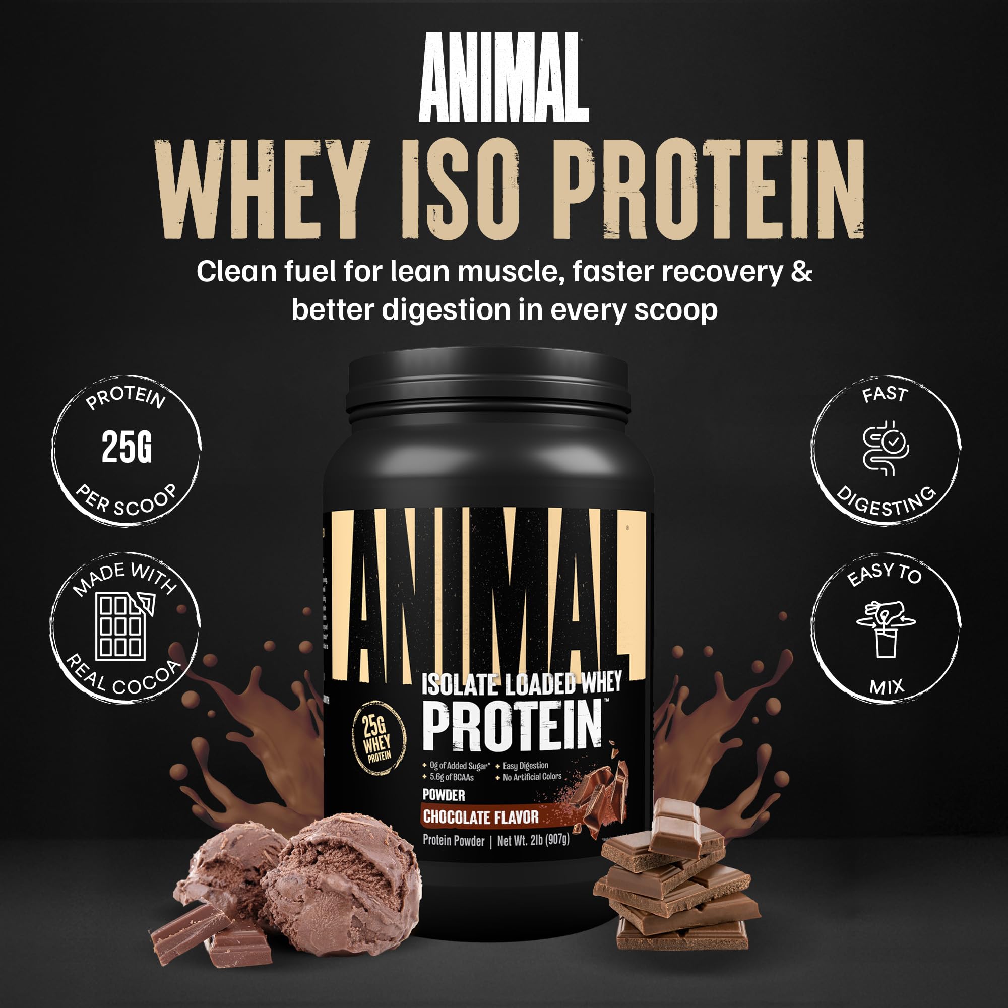 Animal Whey Isolate Protein Powder - Loaded for Pre & Post Workout Muscle Builder and Recovery with Digestive Enzymes for Men & Women - 25g Protein, Great Taste, Low Sugar - Strawberry 4 lbs