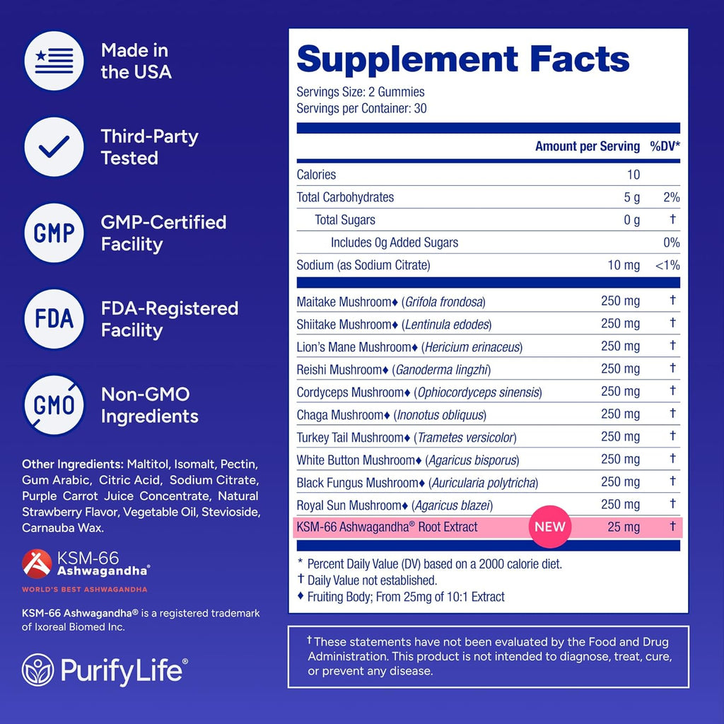 Sugar-Free Mushroom Complex Gummies - Potent 10x Mushroom Supplement with Lions Mane, Chaga, Reishi, Cordyceps Natural Stress Support, Calm Gummies, Nootropic Supplement, No Sugar or Pills