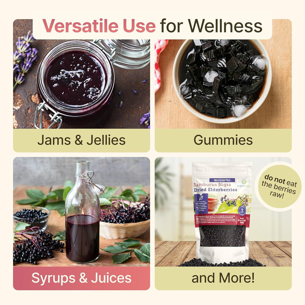 Dried Elderberries - 1lb Bulk - Hand-Sorted, Wildcrafted, Natural, Non-GMO, Whole European Immune System Support for Black Elderberry Syrup, Gummies, Jelly, Tea, Wine, Raw Sambucus, One Pound