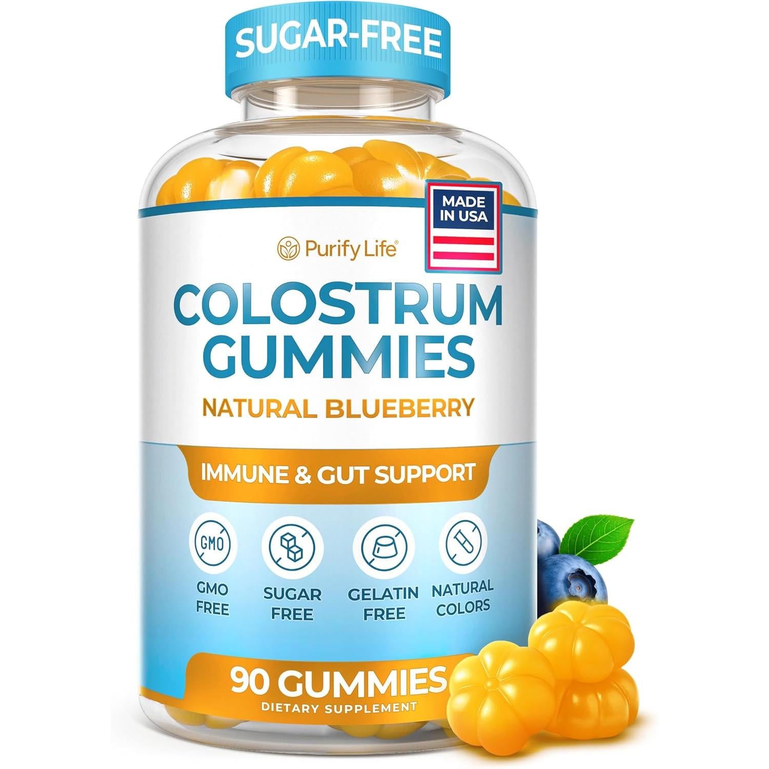 Sugar-Free Colostrum Gummies (1500mg) Bovine Colostrum for Humans, Grass-Fed Supplement for Gut Health, Leaky Gut Repair, Immune Support, Skin Health - 35% IgG Per Serving