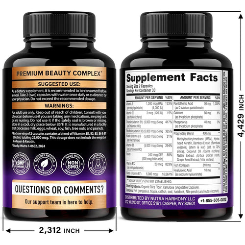 Biotin | Collagen | Hyaluronic Acid | Keratin - Clinically Tested Supplement** - Hair Growth Support, Skin & Nails - 25000mcg Vitamins B1, B2, B3, B6 & B7 - for Women & Men - Made in USA | 60 Capsules