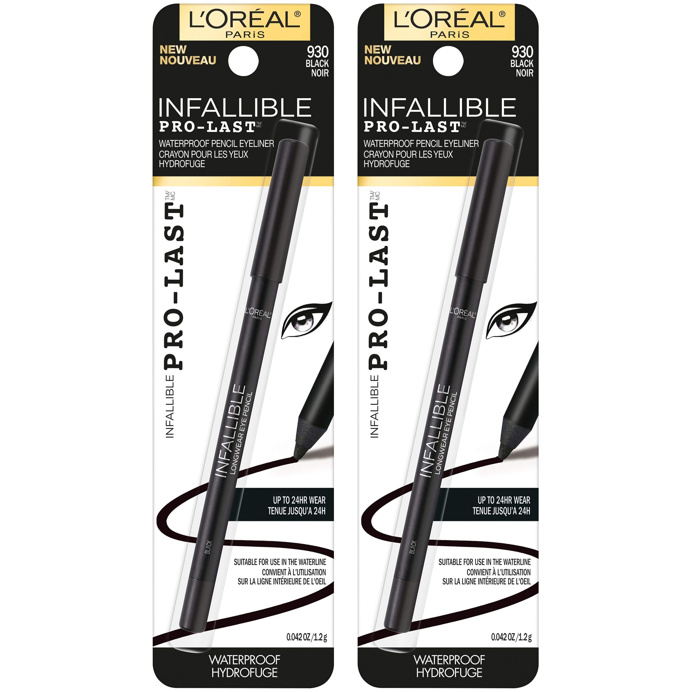 L'Oreal Paris Makeup Infallible Pro-Last Pencil Eyeliner, Waterproof and Smudge-Resistant, Glides on Easily to Create any Look, Black, 0.042 oz., 1 Count