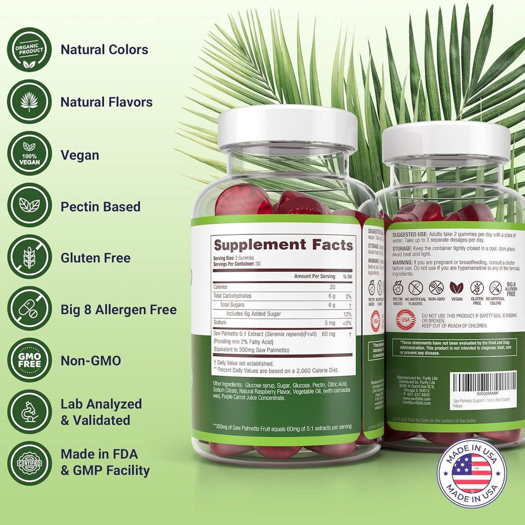 Vegan Saw Palmetto for Women & Men - Potent Saw Palmetto Extract, Prostate Supplements for Men, DHT Blocker for Womens Hair Growth, Hormonal Balance Gummies, PCOS Hair Loss, DHT Blocker, Gluten-Free