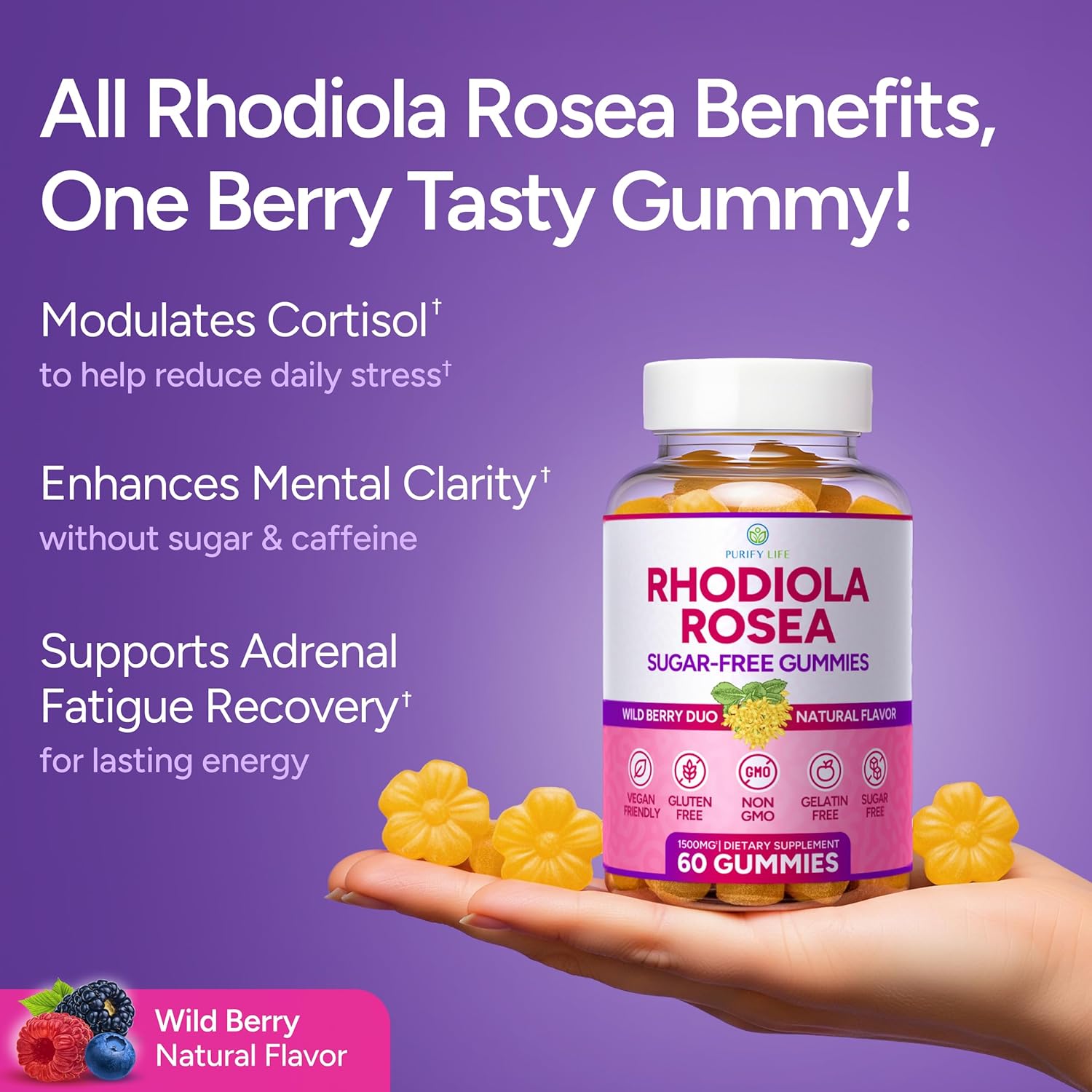 Sugar-Free Rhodiola Rosea Gummies (1500mg/Serving) Cortisol Detox & Adrenal Support Supplement - Adaptogenic Rhodiola for Mood, Motivation, Stamina & Performance, Non-GMO, 60 Vegan Chews