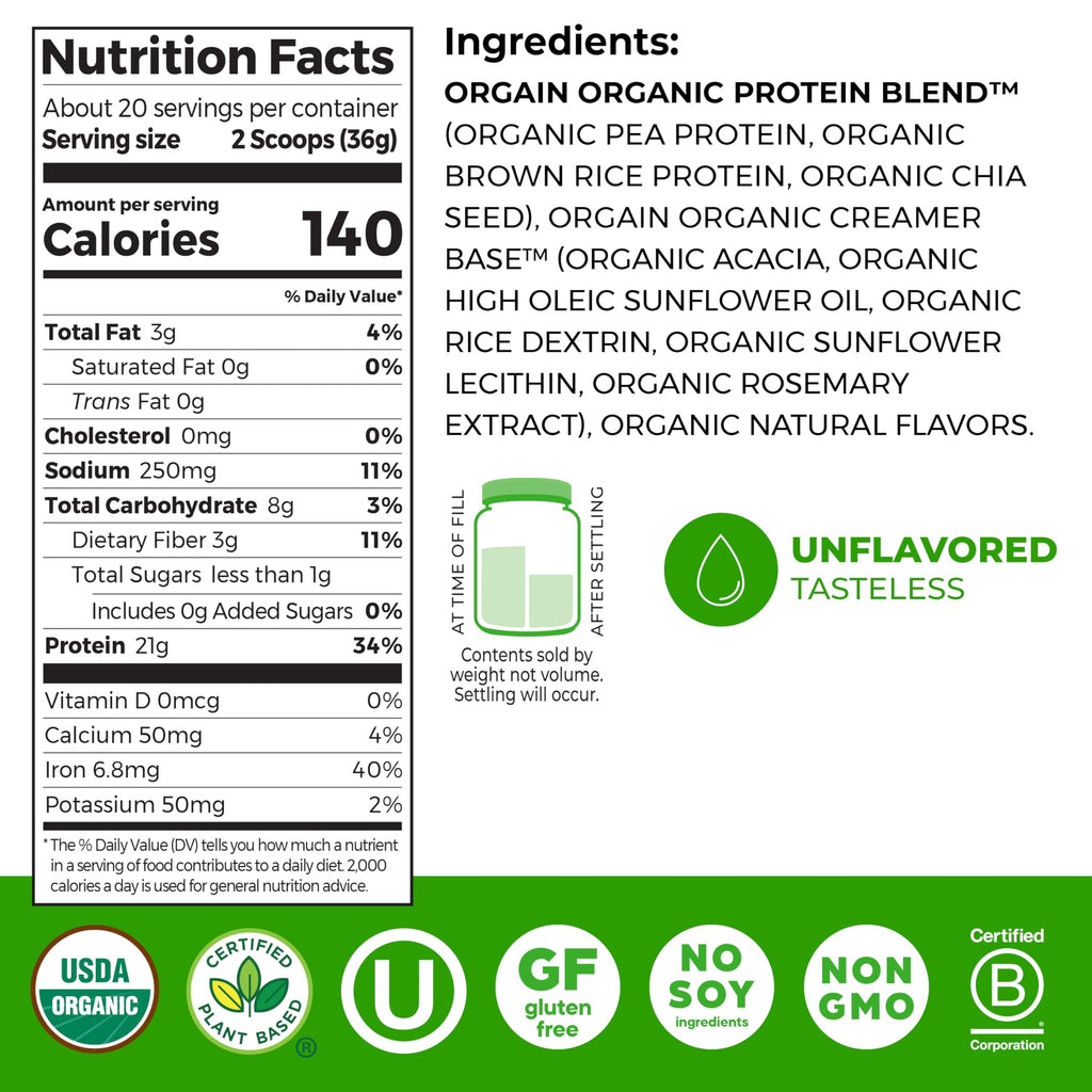 Orgain Organic Vegan Protein Powder, Vanilla Bean - 21g Plant Protein, 6g Prebiotic Fiber, No Lactose Ingredients, No Added Sugar, Non-GMO, For Shakes & Smoothies, 2.03 lb (Packaging May Vary)