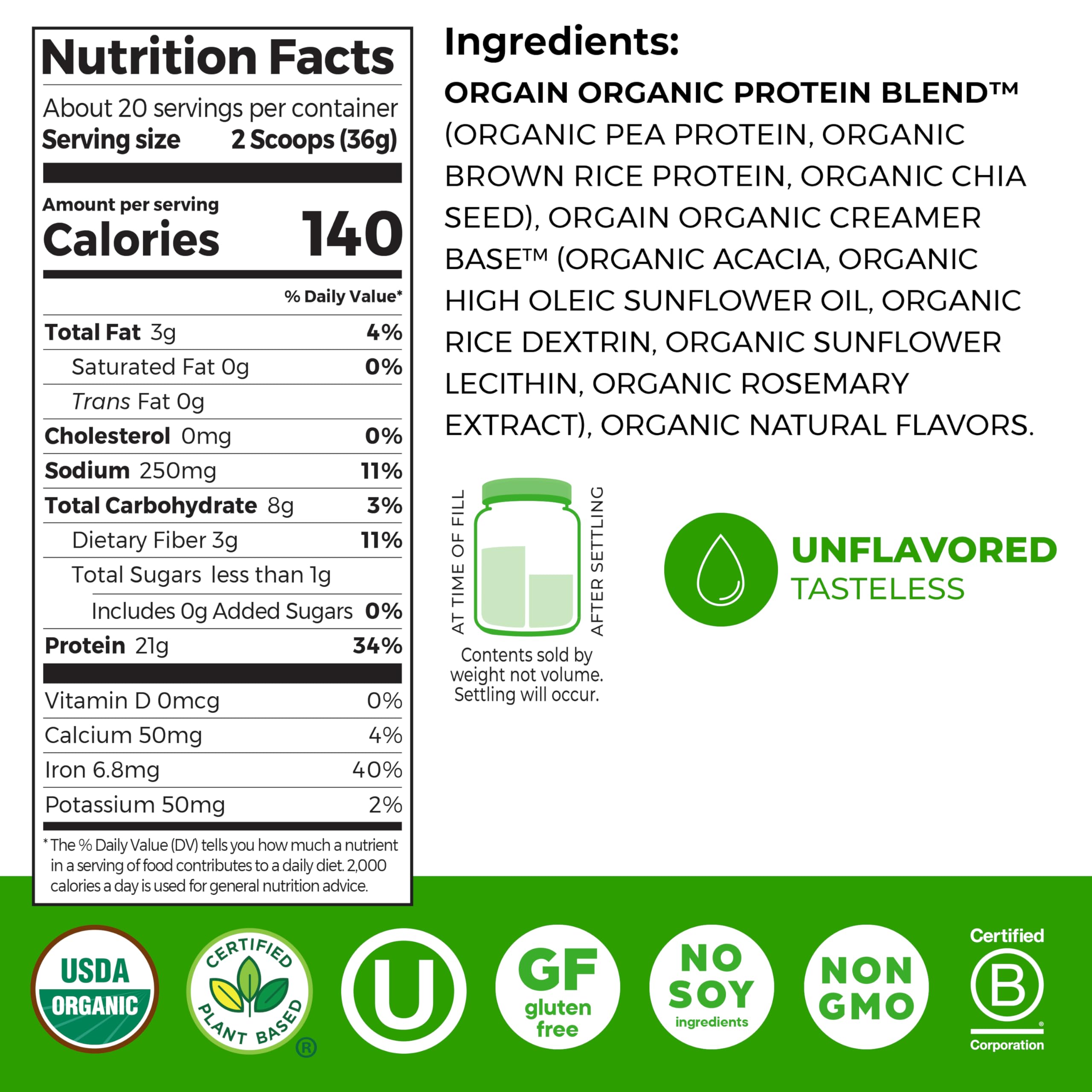 Orgain Organic Vegan Protein Powder, Vanilla Bean - 21g Plant Protein, 6g Prebiotic Fiber, No Lactose Ingredients, No Added Sugar, Non-GMO, For Shakes & Smoothies, 2.03 lb (Packaging May Vary)