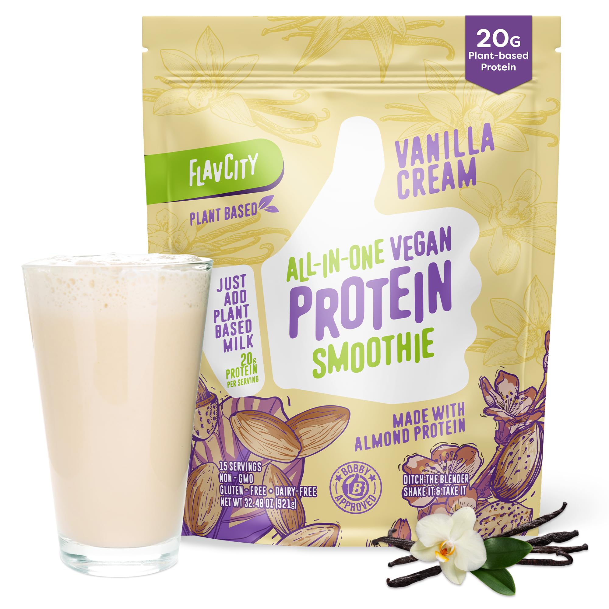 FlavCity Grass Fed Whey Protein Powder - Vanilla Smoothie - 25g Protein & 10g Collagen - Made with Real Vanilla Bean & Organic Coconut Milk - Gluten Free & No Added Sugars (20 Servings)