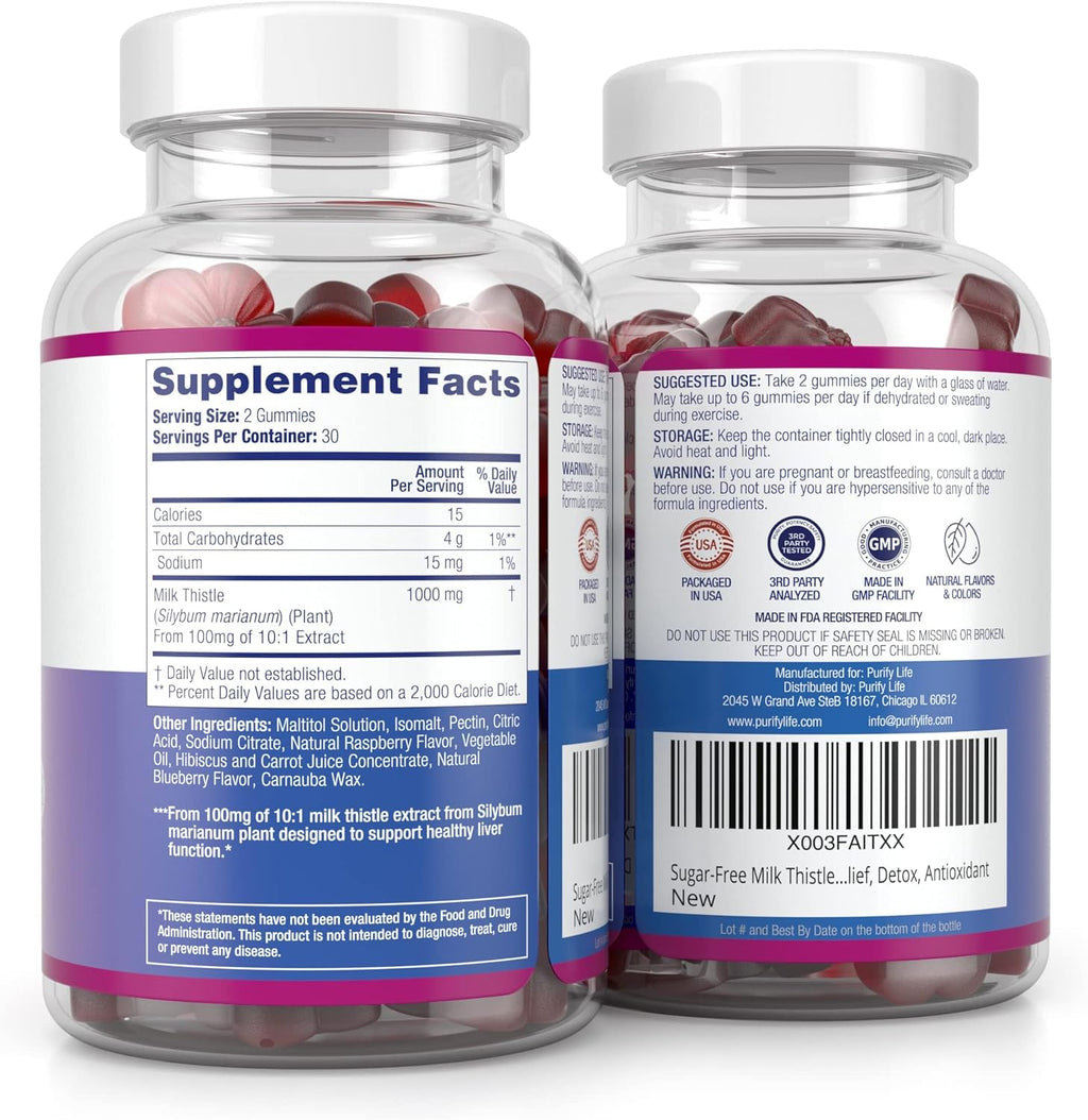 Sugar-Free Milk Thistle Gummies for Liver Cleanse Detox & Repair (Natural Blueberry-Raz Flavor) Cardo Mariano, Cleansing Milk Thistle Extract & Antioxidant Support, Vegan, Replaces Pills & Capsules