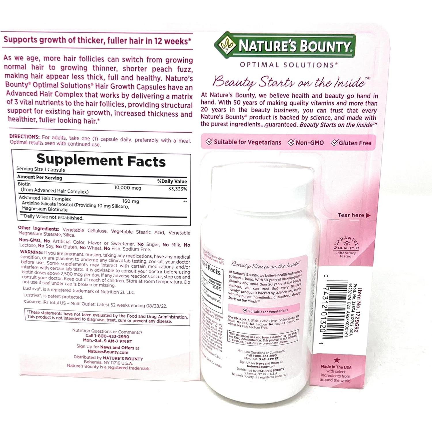 Nature's Bounty Hair Growth Supplement, 1 Per Day, Clinically Shown to Support Thicker, Fuller Hair, with Biotin, Silicon & Arginine, 90 Capsules