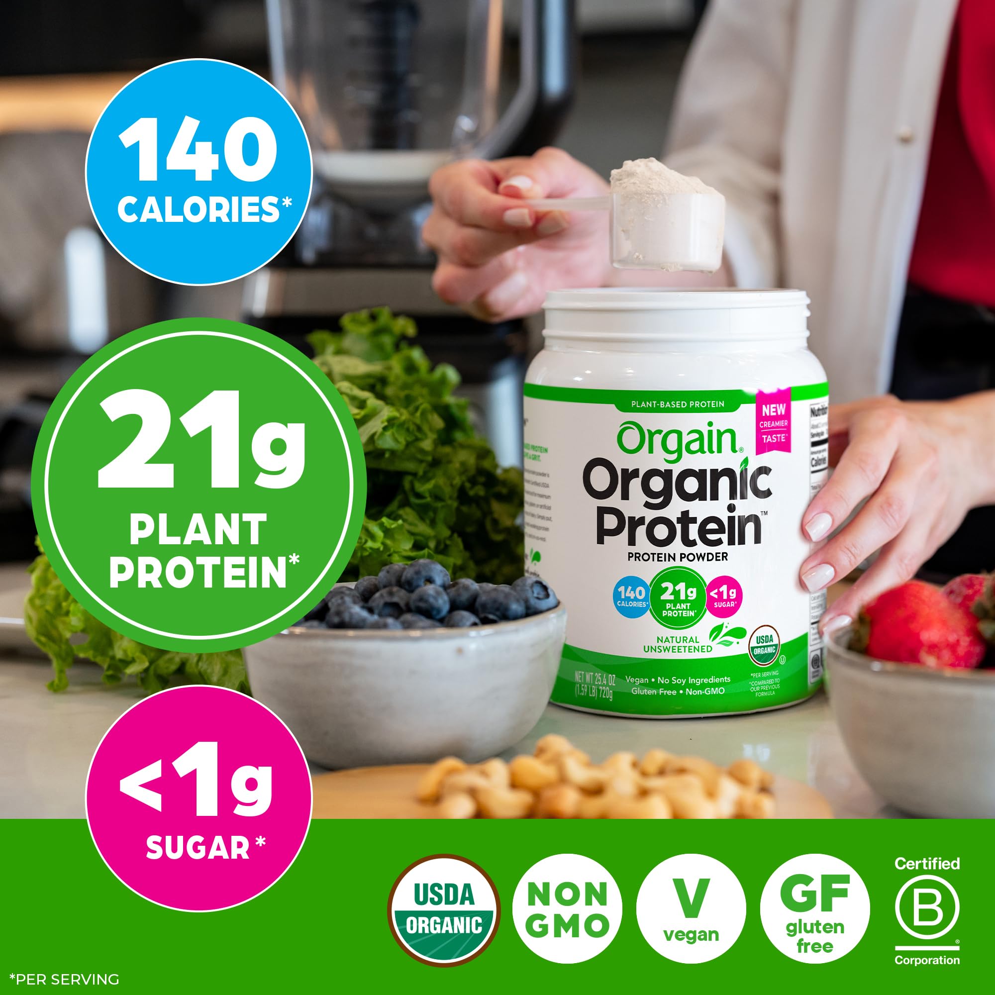 Orgain Organic Vegan Protein Powder, Vanilla Bean - 21g Plant Protein, 6g Prebiotic Fiber, No Lactose Ingredients, No Added Sugar, Non-GMO, For Shakes & Smoothies, 2.03 lb (Packaging May Vary)
