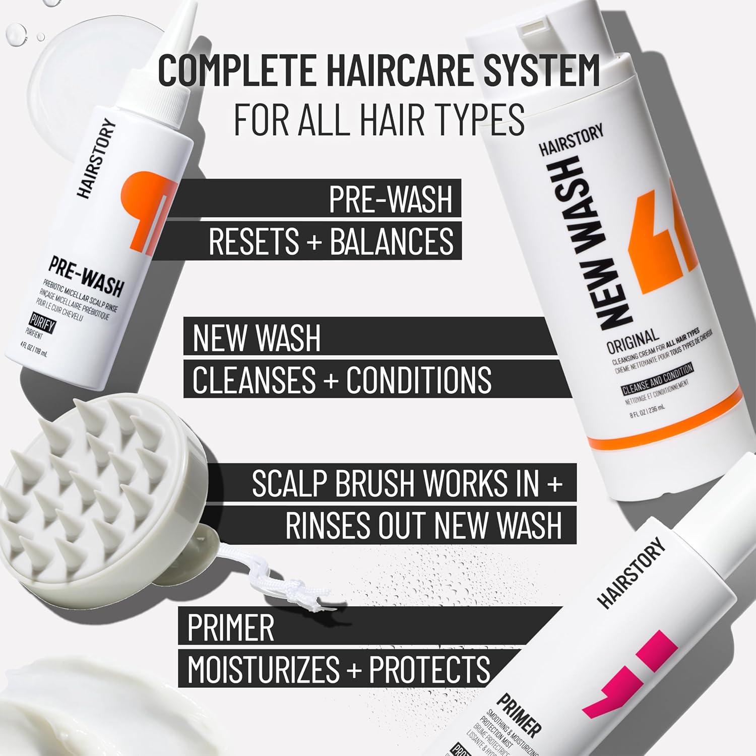 Hairstory Healthiest Hair Method, New Wash Original with Pre-Wash, Primer & Scalp Brush, Deep Cleans, Conditions & Moisturizes, Hair Routine for All Hair Types