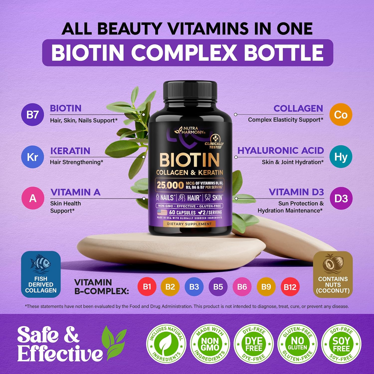 Biotin | Collagen | Hyaluronic Acid | Keratin - Clinically Tested Supplement** - Hair Growth Support, Skin & Nails - 25000mcg Vitamins B1, B2, B3, B6 & B7 - for Women & Men - Made in USA | 60 Capsules