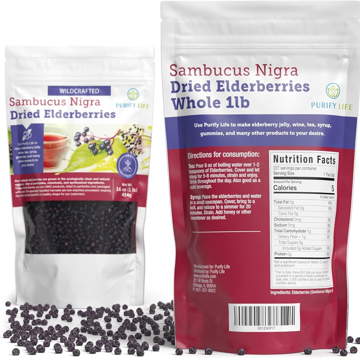 Dried Elderberries - 1lb Bulk - Hand-Sorted, Wildcrafted, Natural, Non-GMO, Whole European Immune System Support for Black Elderberry Syrup, Gummies, Jelly, Tea, Wine, Raw Sambucus, One Pound