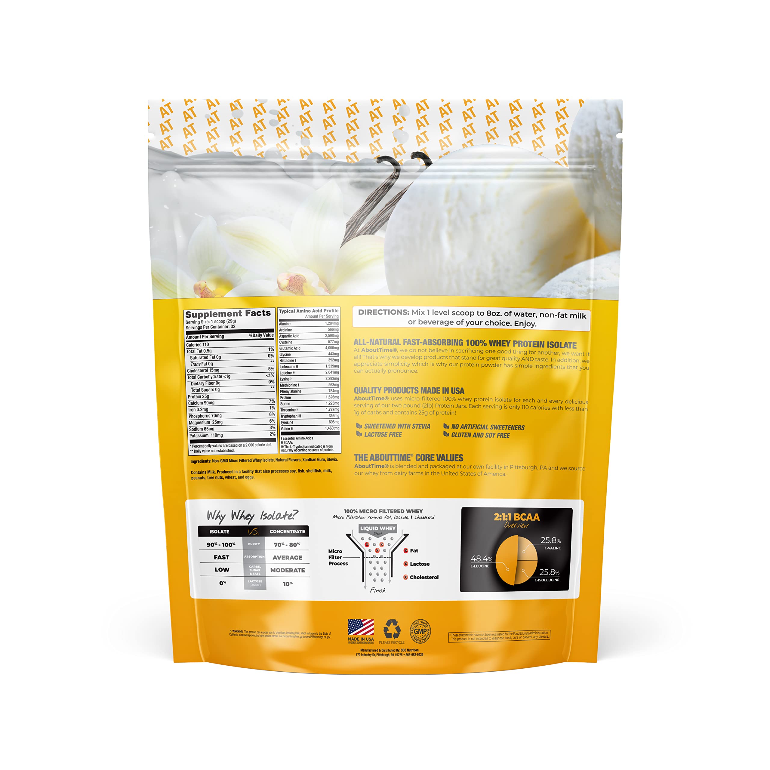 About Time Whey Protein Isolate Powder 25g Vanilla, Natural Ingredients, Non-GMO, Gluten-Free, Lactose-Free, Zero Sugar, Low Carb, 32 Servings