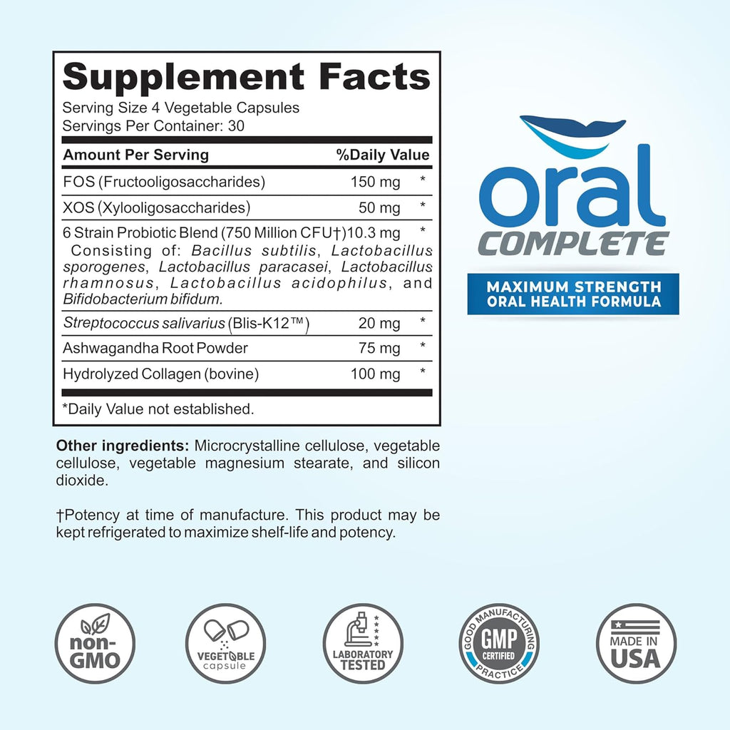 Oral Complete 11-in-1 Dental Probiotics, Bad Breath Treatment Halitosis Tonsil Stone with Non-GMO with BLIS K12, Ashwagandha and Collagen, 120 Capsules