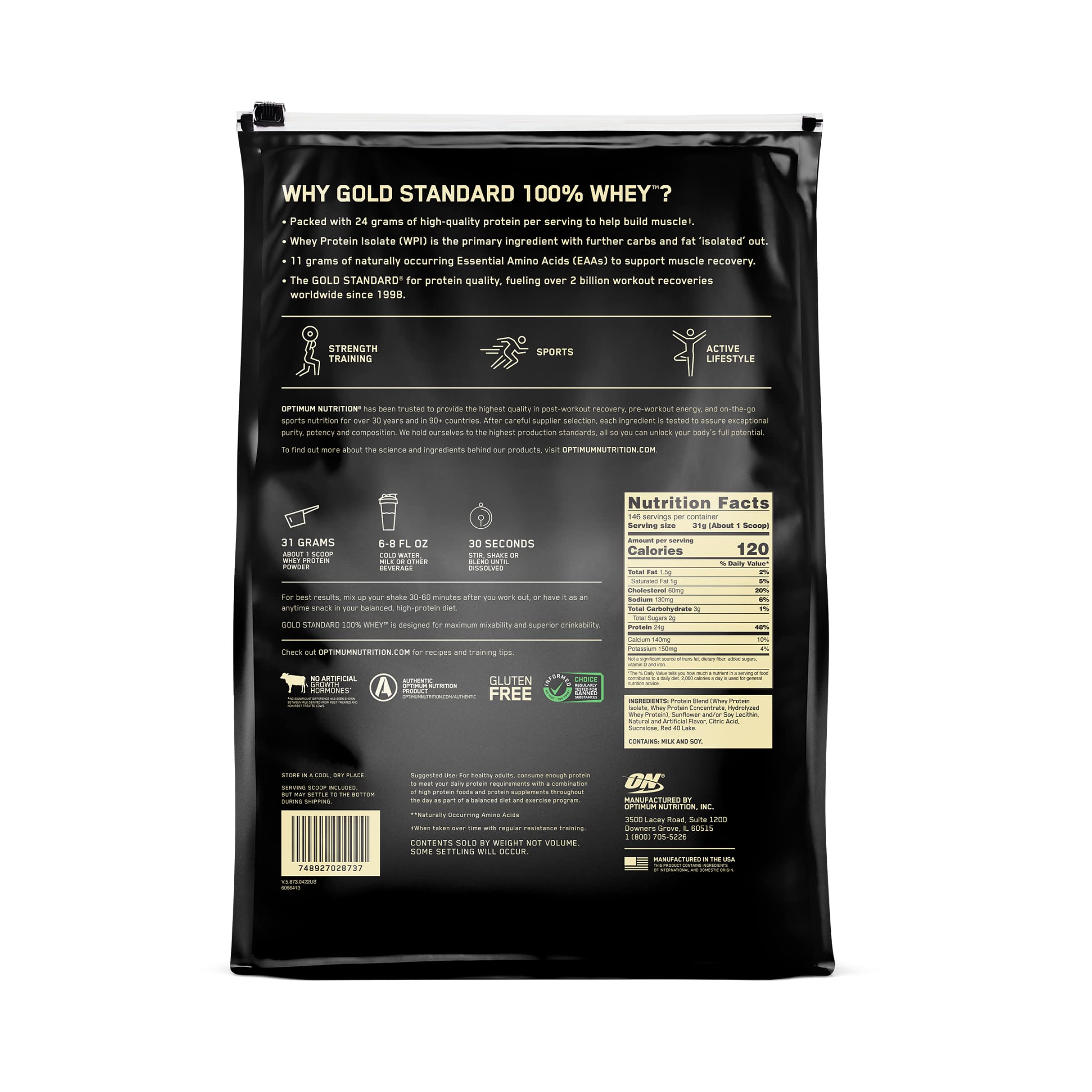 Optimum Nutrition Gold Standard 100% Whey Protein Powder, Vanilla Ice Cream, 2 Pound (Packaging May Vary)