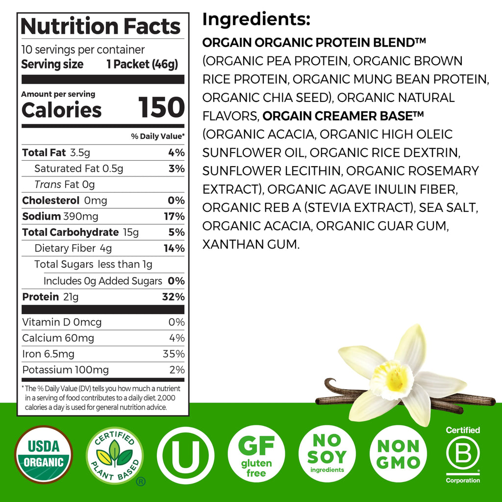 Orgain Organic Vegan Protein Powder, Vanilla Bean - 21g Plant Protein, 6g Prebiotic Fiber, No Lactose Ingredients, No Added Sugar, Non-GMO, For Shakes & Smoothies, 2.03 lb (Packaging May Vary)