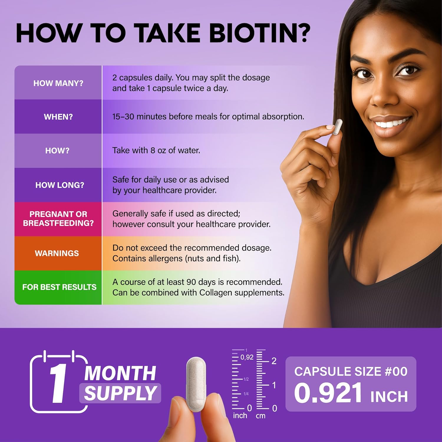 Biotin | Collagen | Hyaluronic Acid | Keratin - Clinically Tested Supplement** - Hair Growth Support, Skin & Nails - 25000mcg Vitamins B1, B2, B3, B6 & B7 - for Women & Men - Made in USA | 60 Capsules