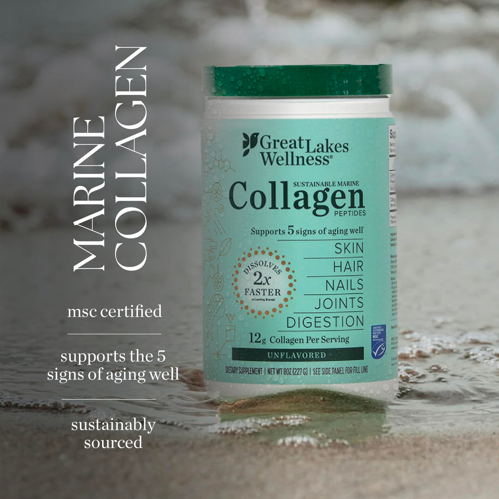 Great Lakes Wellness Sustainable Marine Collagen Peptides Powder for Skin, Hair, Nails, Joints & Digestion - Unflavored - Quick Dissolve Hydrolyzed, Wild Caught, MSC Certified, Non-GMO, Kosher - 8 oz