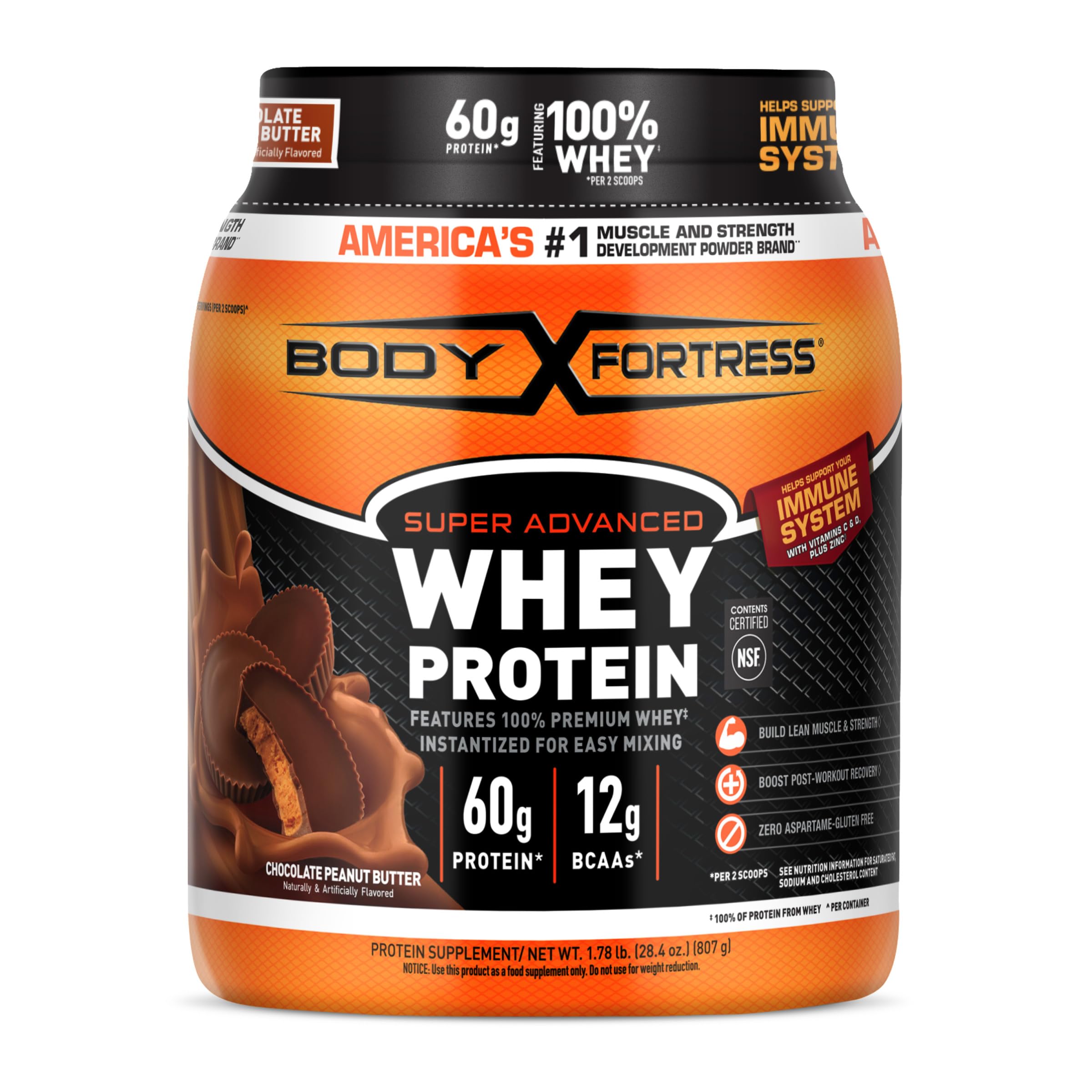 Body Fortress Super Advanced Whey Protein Powder, Chocolate, Immune Support (1), Vitamins C & D Plus Zinc, 3.9 lbs.