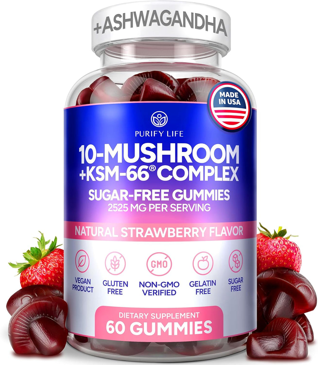 Sugar-Free Mushroom Complex Gummies - Potent 10x Mushroom Supplement with Lions Mane, Chaga, Reishi, Cordyceps Natural Stress Support, Calm Gummies, Nootropic Supplement, No Sugar or Pills