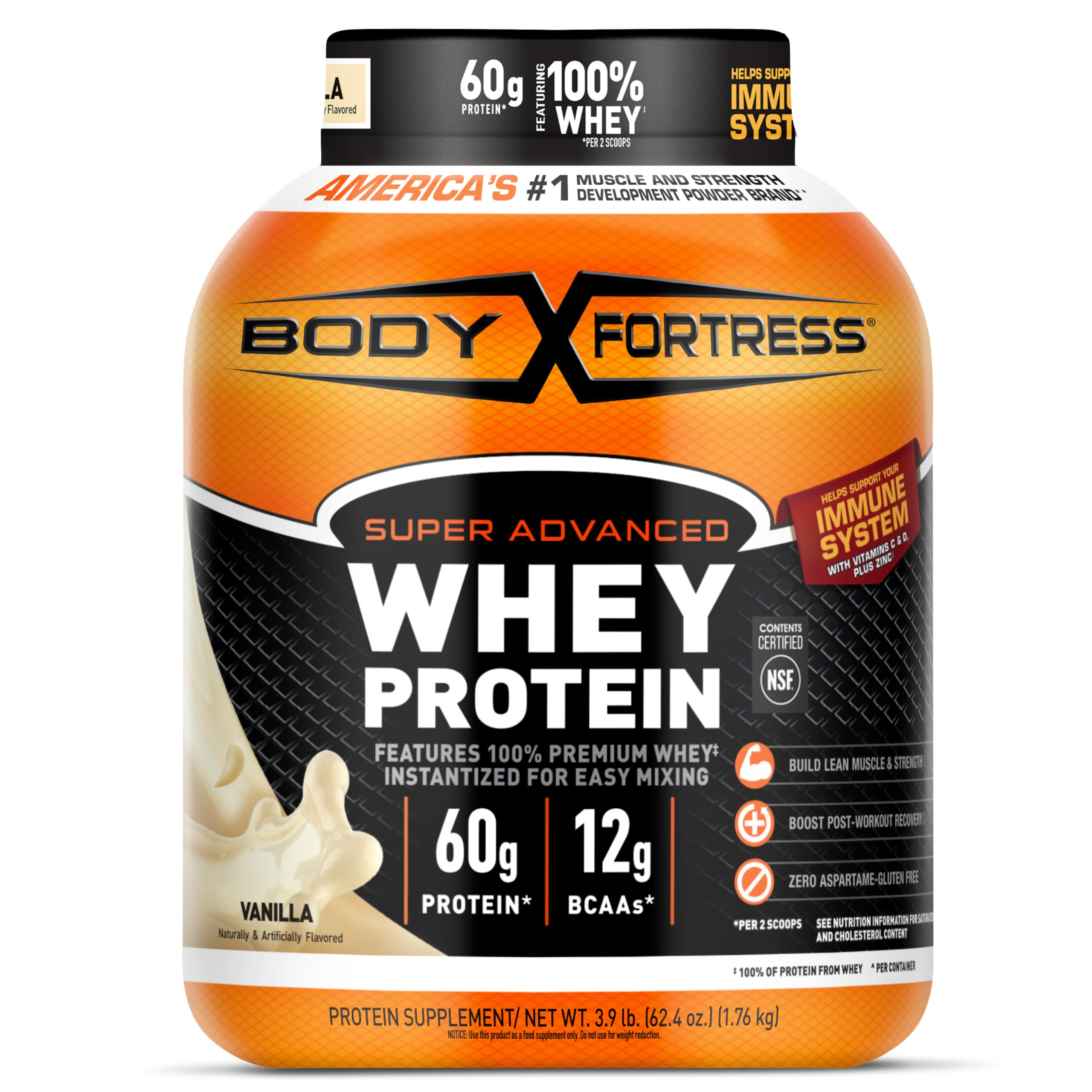Body Fortress Super Advanced Whey Protein Powder, Chocolate, Immune Support (1), Vitamins C & D Plus Zinc, 3.9 lbs.