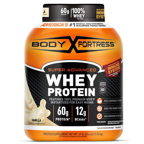 Body Fortress Super Advanced Whey Protein Powder, Chocolate, Immune Support (1), Vitamins C & D Plus Zinc, 3.9 lbs.