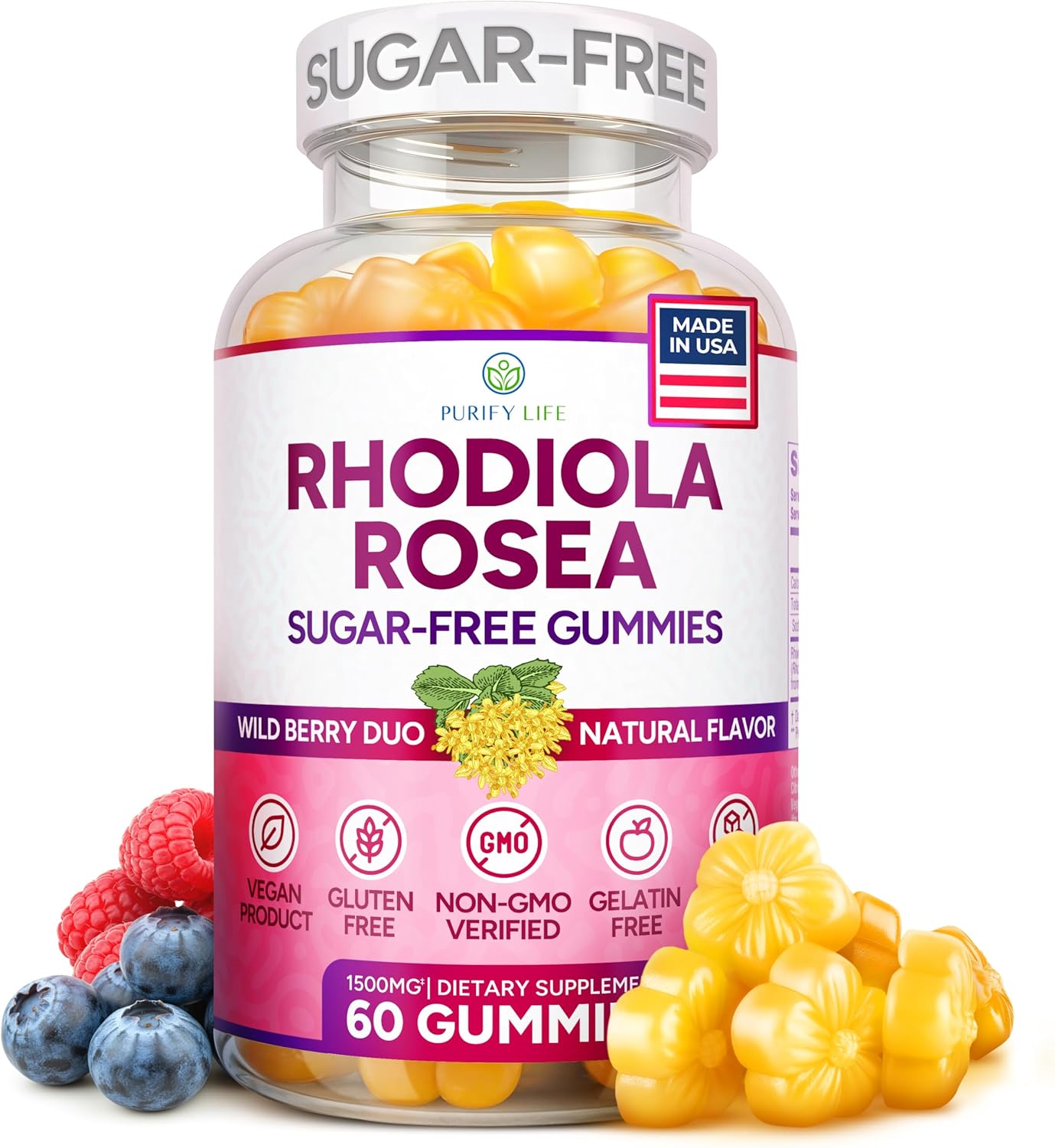 Sugar-Free Rhodiola Rosea Gummies (1500mg/Serving) Cortisol Detox & Adrenal Support Supplement - Adaptogenic Rhodiola for Mood, Motivation, Stamina & Performance, Non-GMO, 60 Vegan Chews