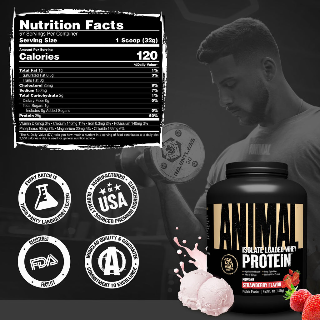 Animal Whey Isolate Protein Powder - Loaded for Pre & Post Workout Muscle Builder and Recovery with Digestive Enzymes for Men & Women - 25g Protein, Great Taste, Low Sugar - Strawberry 4 lbs