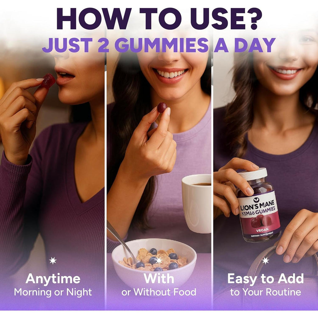 Sugar Free Lions Mane Supplement Gummies with KSM-66 Ashwagandha - Nootropic Supplement for Cognition, Brain Fog, Mental Clarity, Focus & Stress Support - Natural Berry Flavor, Vegan, Made in USA