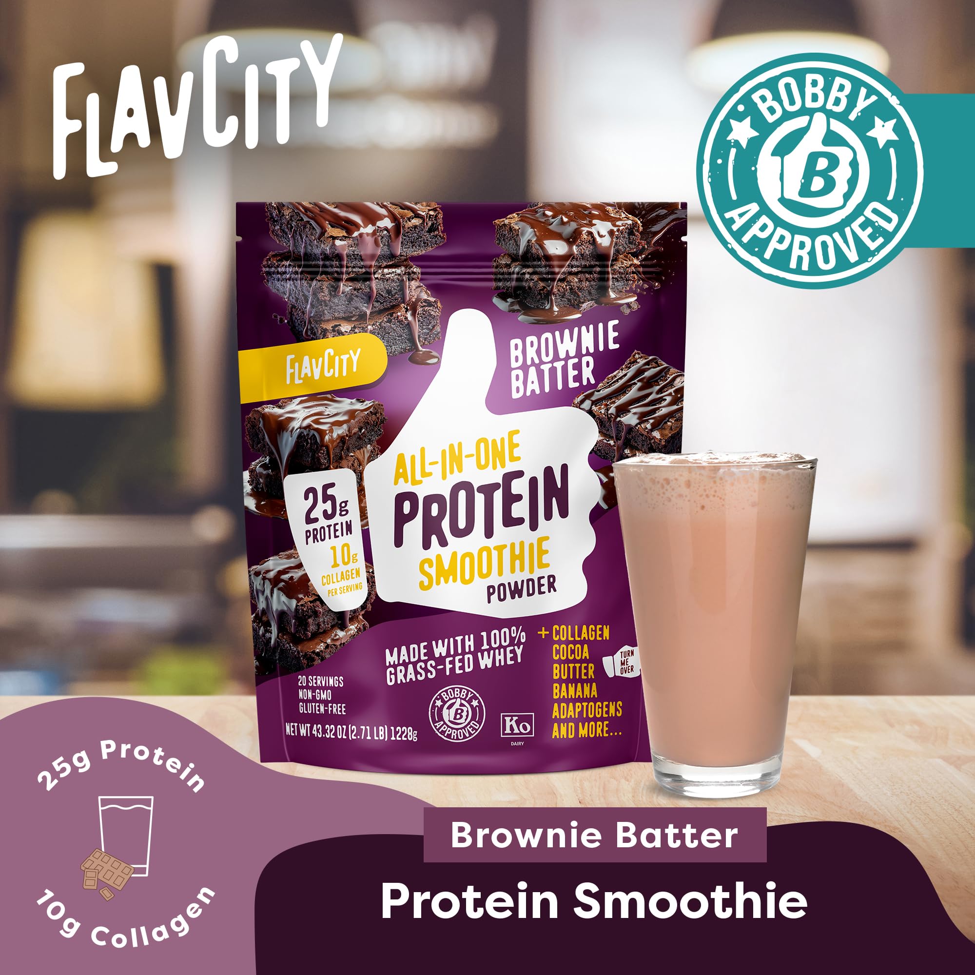 FlavCity Grass Fed Whey Protein Powder - Vanilla Smoothie - 25g Protein & 10g Collagen - Made with Real Vanilla Bean & Organic Coconut Milk - Gluten Free & No Added Sugars (20 Servings)