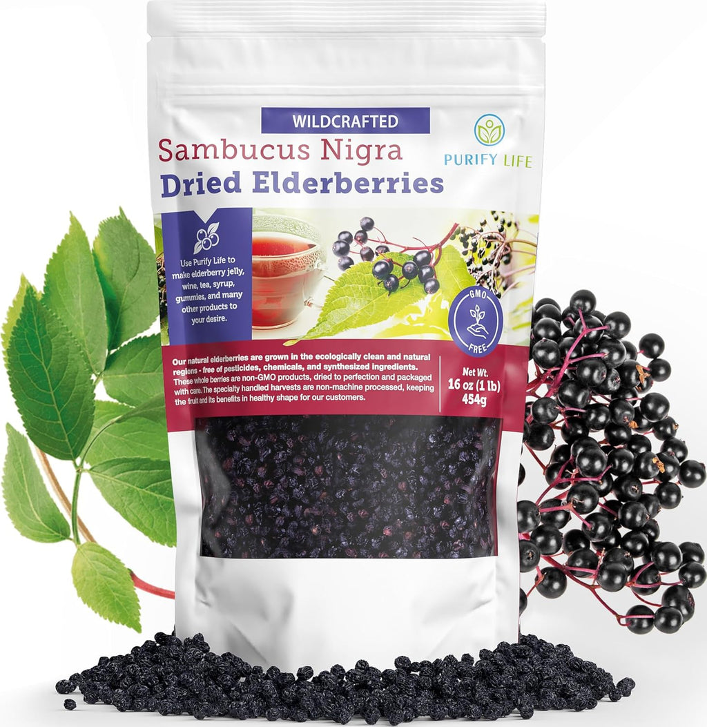 Dried Elderberries - 1lb Bulk - Hand-Sorted, Wildcrafted, Natural, Non-GMO, Whole European Immune System Support for Black Elderberry Syrup, Gummies, Jelly, Tea, Wine, Raw Sambucus, One Pound