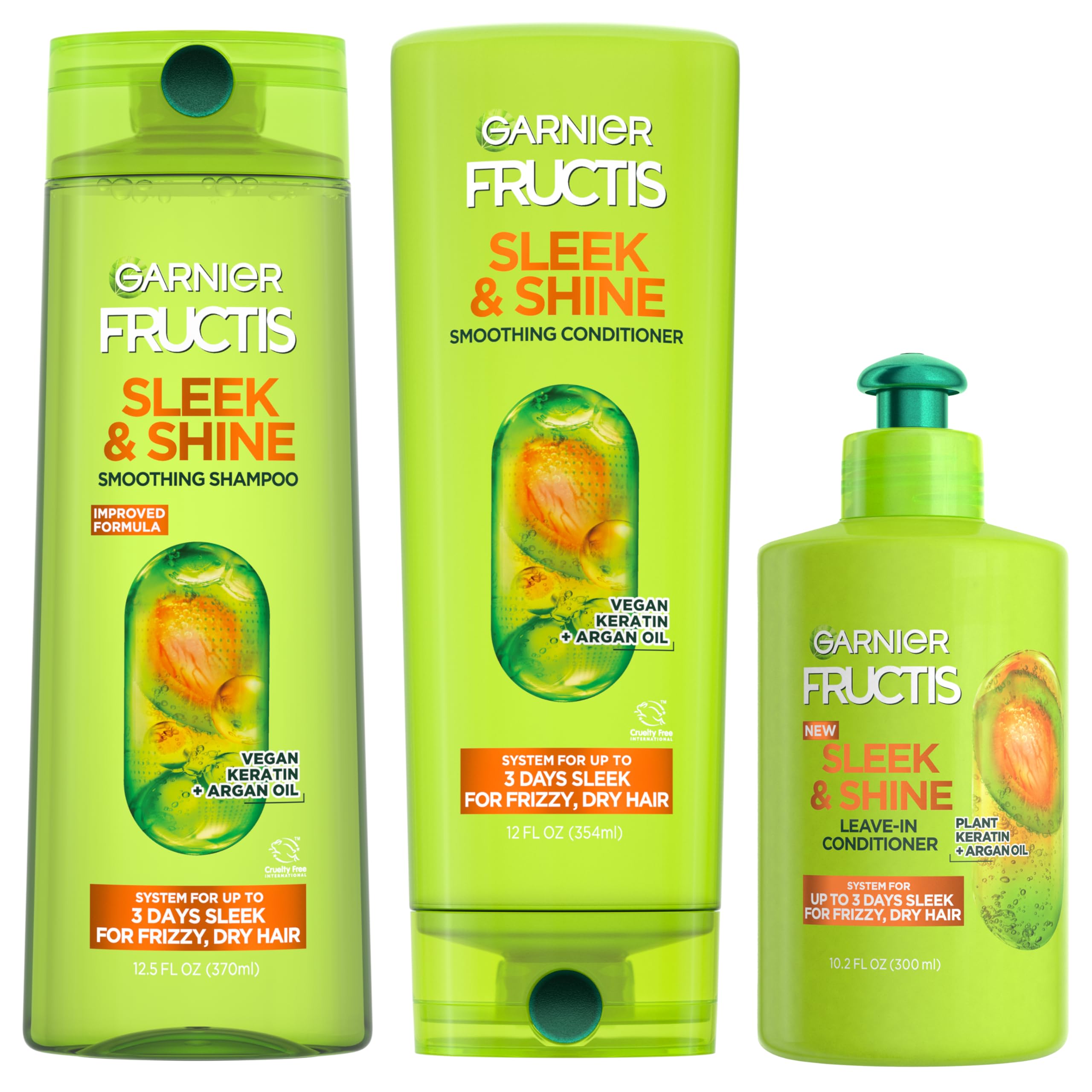 Garnier Fructis Sleek & Shine Leave-In Conditioning Cream for Frizzy, Dry Hair, Plant Keratin + Argan Oil, 10.2 Fl Oz, 2 Count (Packaging May Vary)